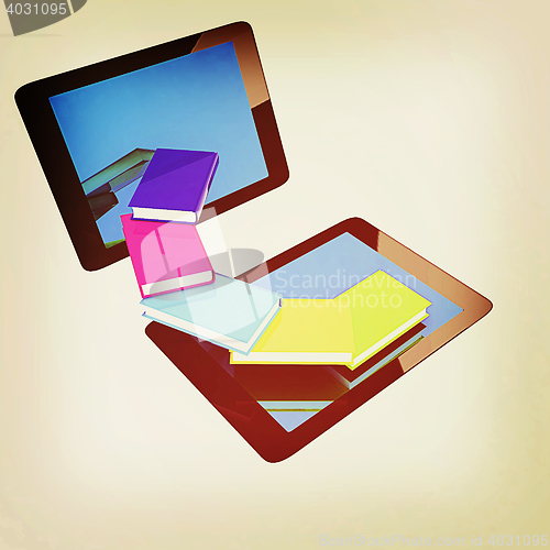 Image of tablet pc and colorful real books. 3D illustration. Vintage styl