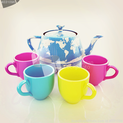 Image of colorfull cups and teapot for earth. 3D illustration. Vintage st