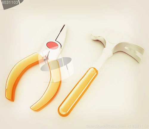 Image of pliers and hammer. 3D illustration. Vintage style.