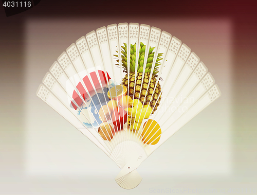 Image of Colorful hand fan. 3D illustration. Vintage style.