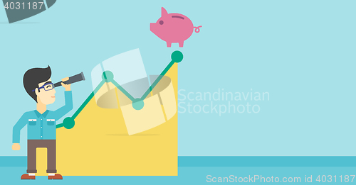 Image of Businessman looking through spyglass at piggy bank