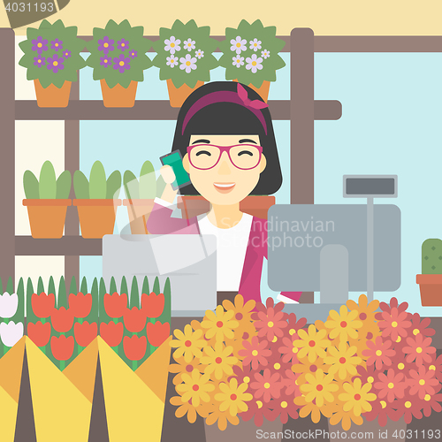 Image of Florist at flower shop vector illustration.