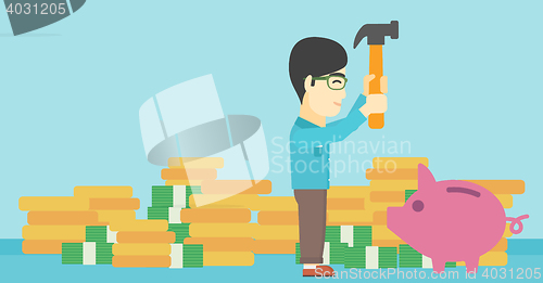 Image of Man breaking piggy bank vector illustration.