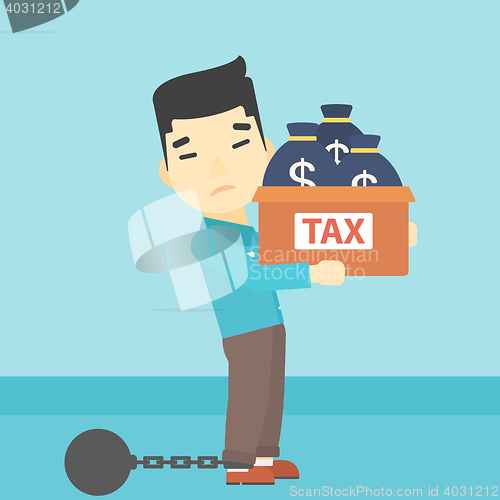 Image of Chained businessman with bags full of taxes.