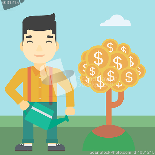 Image of Man watering money tree vector illustration.