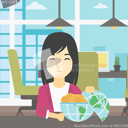 Image of Business woman with Earth globe full of money.