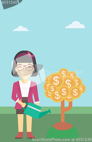 Image of Woman watering money tree vector illustration.