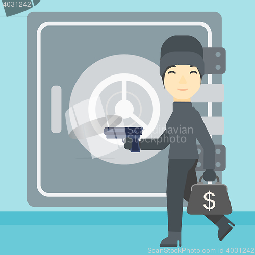 Image of Burglar with gun near safe vector illustration.