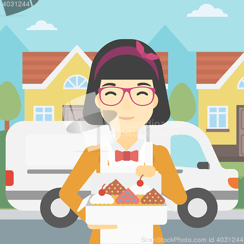 Image of Baker delivering cakes vector illustration.