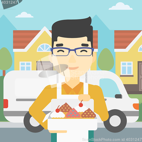 Image of Baker delivering cakes vector illustration.