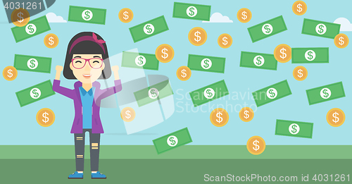 Image of Happy businessman under money rain.