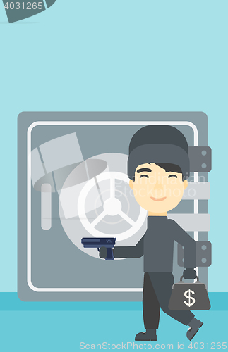 Image of Burglar with gun near safe vector illustration.