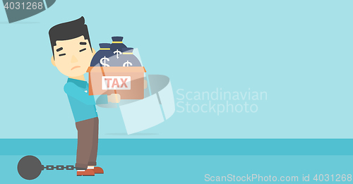 Image of Chained businessman with bags full of taxes.