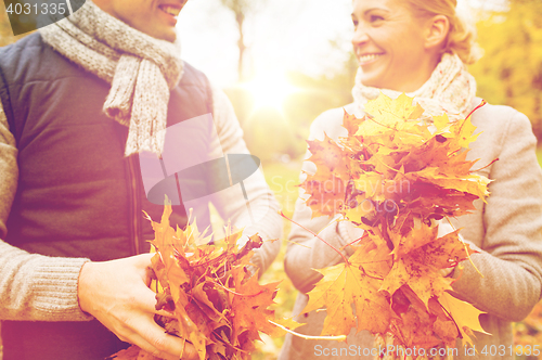 Image of smiling couple with maple leaves in autumn park
