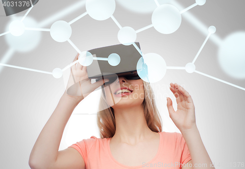 Image of woman in virtual reality headset or 3d glasses