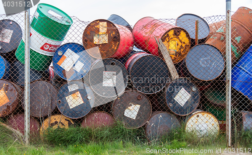 Image of AKRANES, ICELAND - AUGUST 1, 2016: Oil barrels or chemical drums