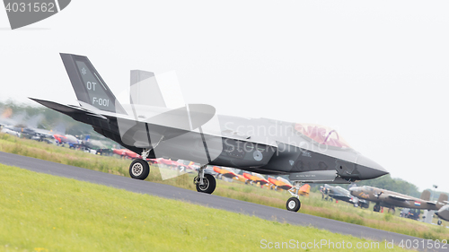 Image of LEEUWARDEN, THE NETHERLANDS - JUNE 10, 2016: Dutch F-35 on the r