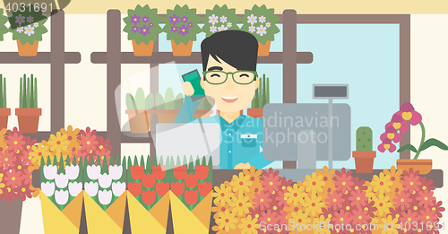 Image of Florist at flower shop vector illustration.