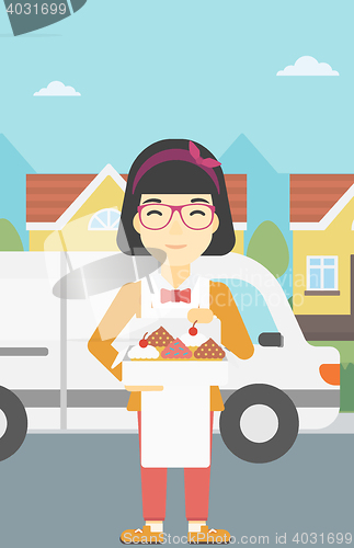 Image of Baker delivering cakes vector illustration.