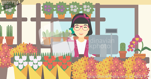 Image of Florist at flower shop vector illustration.