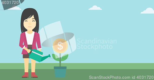 Image of Business woman watering money flower.