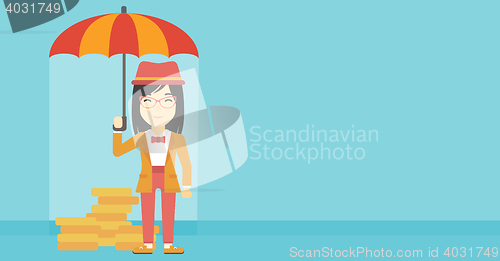 Image of Business woman with umbrella protecting money.