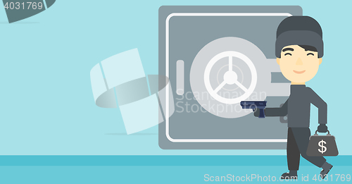 Image of Burglar with gun near safe vector illustration.