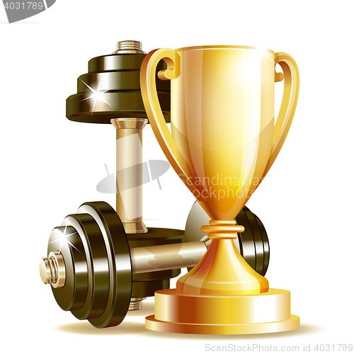 Image of Gold cup with metal realistic dumbbells.