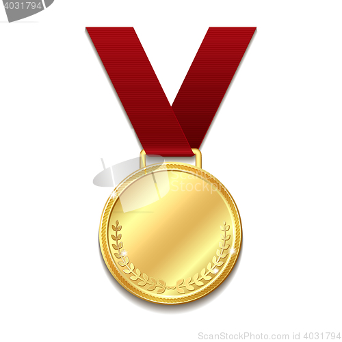 Image of Vector gold medal on red ribbon.