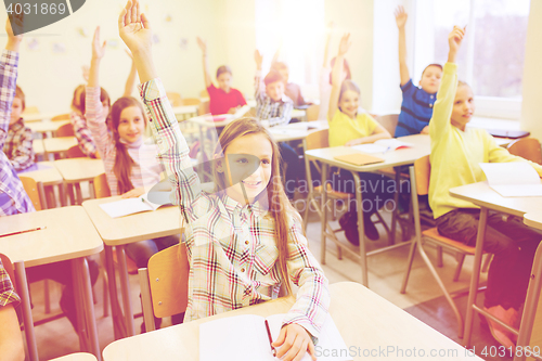 Image of group of school kids raising hands in classroom