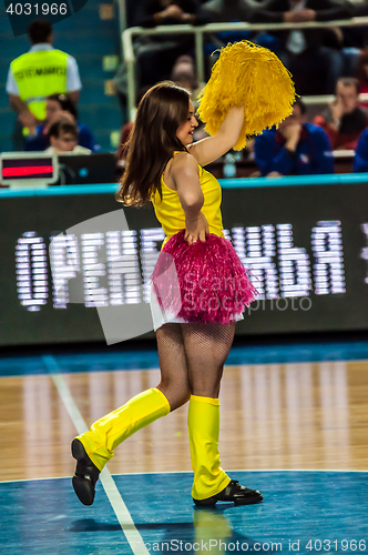 Image of Girl Cheerleading appear on stage Match of the Euroleague Basketball FIBA womens \"Nadezhda\" (Orenburg region) - \"Imos Brno\" (Czech Republic)