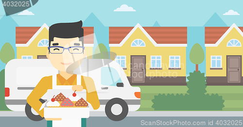 Image of Baker delivering cakes vector illustration.