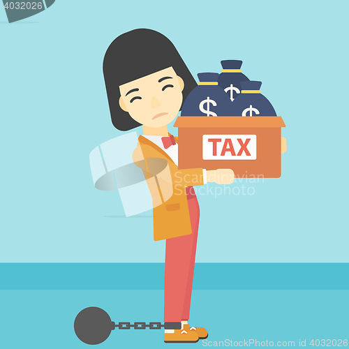 Image of Chained business woman with bags full of taxes.