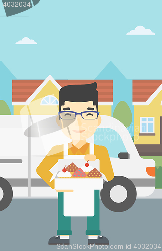 Image of Baker delivering cakes vector illustration.