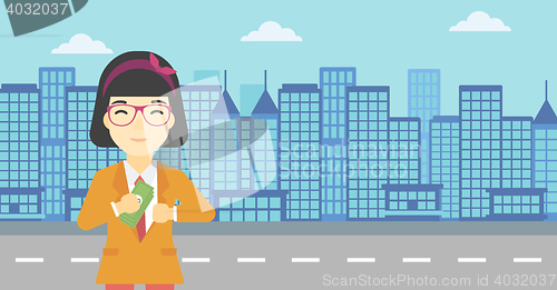 Image of Woman putting money in pocket vector illustration.