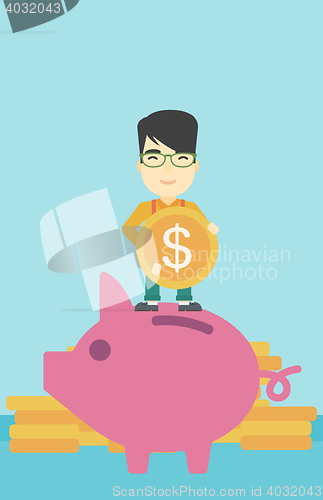 Image of Man putting coin in piggy bank vector illustration