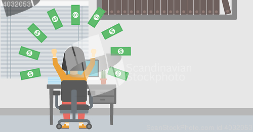 Image of Successful business woman under money rain.