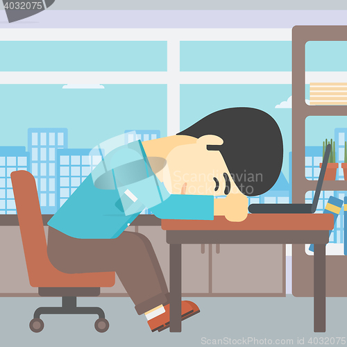 Image of Businessman sleeping on workplace.