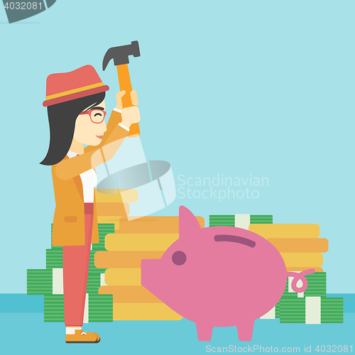 Image of Woman breaking piggy bank vector illustration.