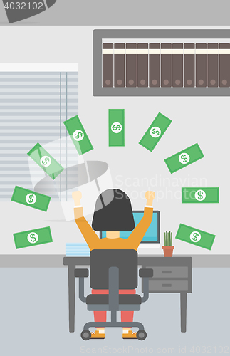 Image of Successful business woman under money rain.