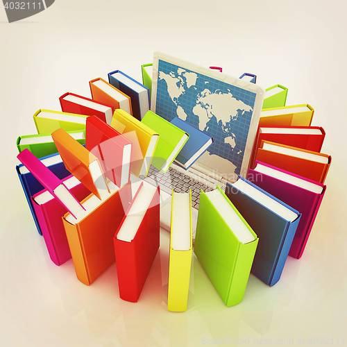 Image of Colorful books flying and laptop . 3D illustration. Vintage styl