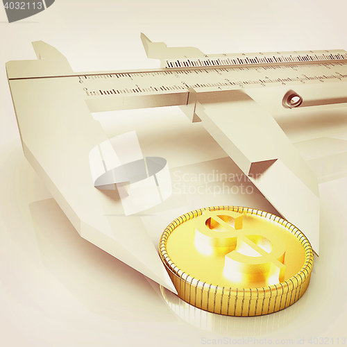 Image of Vernier calipers with coin. 3D illustration. Vintage style.