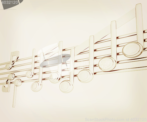 Image of Various music notes on stave. Metall 3d. 3D illustration. Vintag