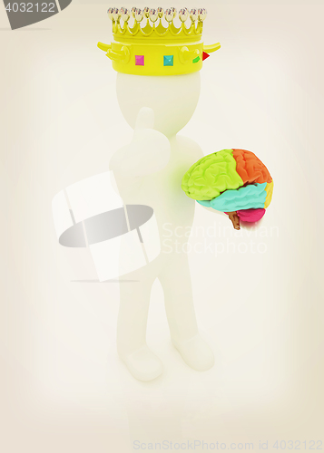 Image of 3d people - man, person with a golden crown. King with brain. 3D