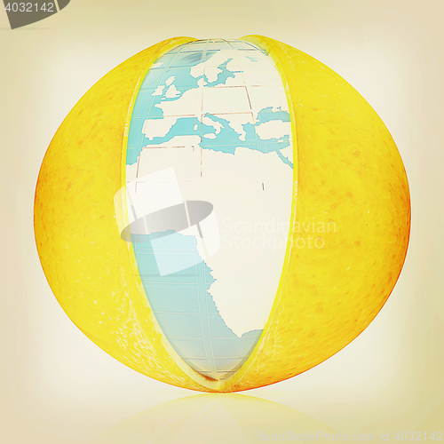 Image of Earth on orange fruit. Creative conceptual image. . 3D illustrat