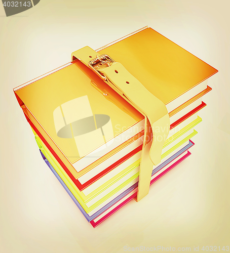 Image of colorful real books. 3D illustration. Vintage style.