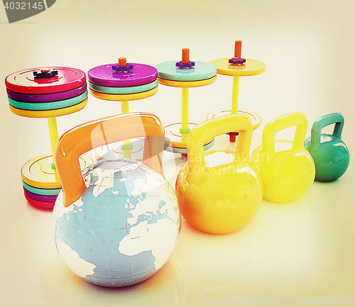 Image of Colorful weights and dumbbells and earth. Global . 3D illustrati