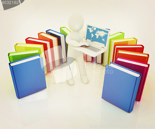 Image of 3d man sitting on books and working at his laptop . 3D illustrat