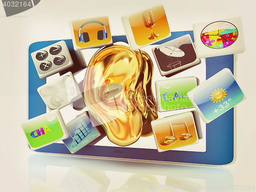 Image of Ear gold on tablet pc with cloud of media application Icons . 3D