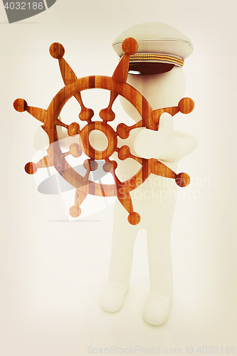 Image of Sailor with wood steering wheel and earth. Trip around the world